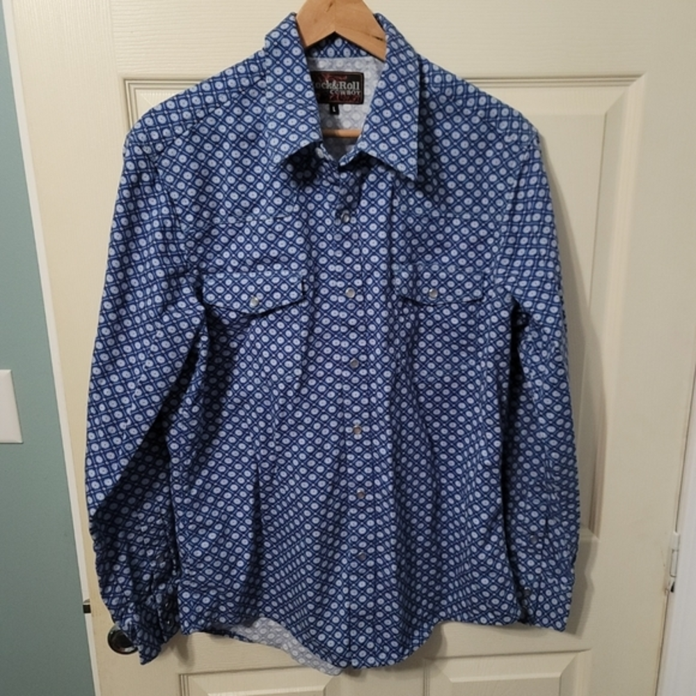 Rock & Roll Cowboy‎ Blue Geometric Pearl Snap LS Men's L